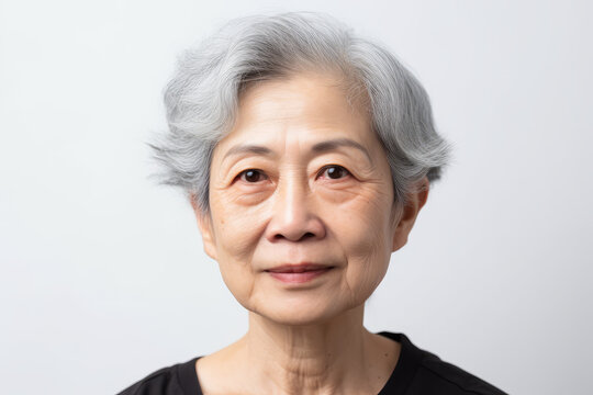 Portrait of mature Korean woman on grey background, Generative AI