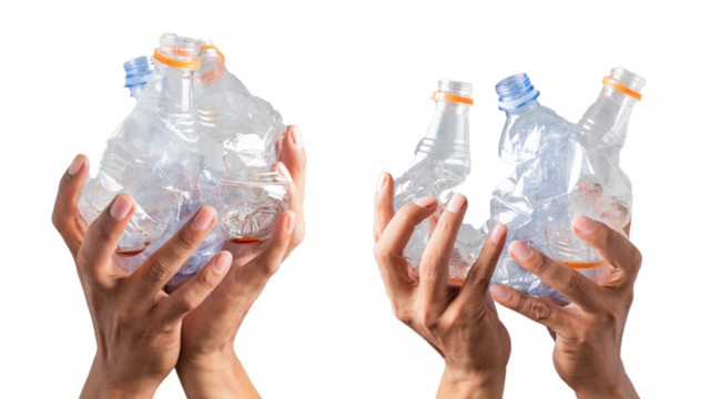 Human hand-holding waste plastic bottles for recycling, Environmental pollution