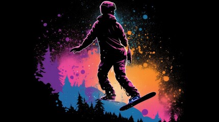 Fototapeta na wymiar Man-made objects skier, snowboarder, symbols of events, things that can be printed on cool t-shirts. Generative AI. Isolated black background silhouette