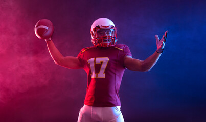 American football player banner with neon colors. Template for bookmaker ads with copy space....