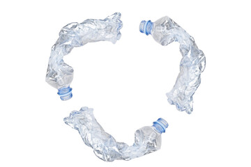 Recycle symbol of crumpled waste plastic bottles isolated on white background.
