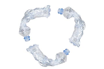 Recycle symbol of crumpled waste plastic bottles isolated on white background.