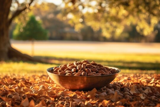 pecans in a bowl, surrounded by pecan trees and fallen leaves
