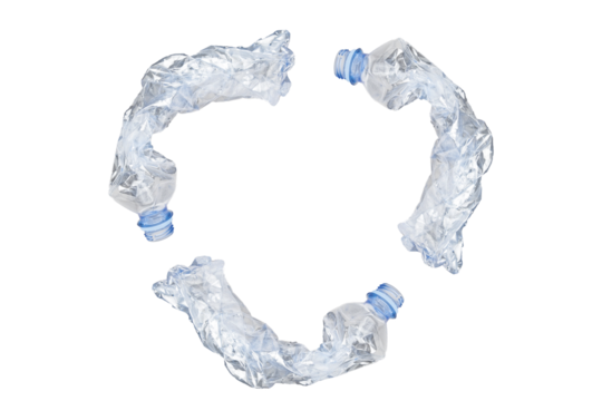 Recycle symbol of crumpled waste plastic bottles isolated on white background.