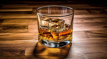 A glass of Whiskey on a rustic wooden board, that can be surface of barrel. Moody atmosphere. Generative Ai