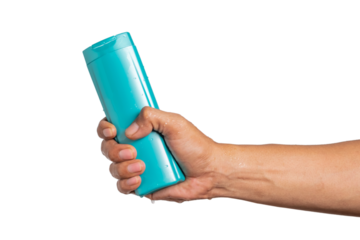 Bottles of shampoo in men's hands are isolated on white background. Cleaning product mockup product presentation.