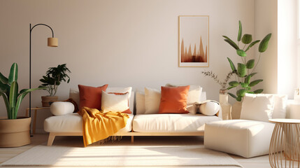 White living room with sofa. Scandinavian interior design. Generative Ai