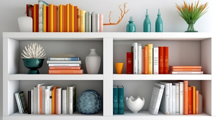 Fototapeta na wymiar White shelves with white books and decor, light white interior of living room or cabinet in house, stylish and cozy design in minimalist style. Generative Ai