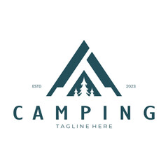 vintage and retro tent logo, camping. With tent, tree and bonfire sign. adventurers, scouts, climbers, camping equipment center