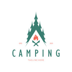 Fototapeta na wymiar vintage and retro tent logo, camping. With tent, tree and bonfire sign. adventurers, scouts, climbers, camping equipment center