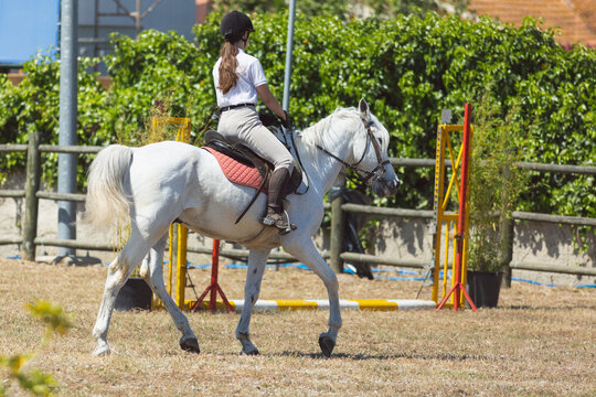 Equestrian sport - a girl in white uniform riding white horse at the ranch