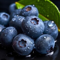 blueberries with water droplets on a dark slate surface