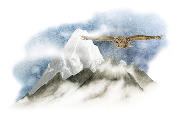 A foggy mountains landscape on starry night and a  flying owl hand drawn in watercolor. Watercolor illustration.	