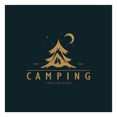 vintage and retro tent logo, camping. With tent, tree and bonfire sign. adventurers, scouts, climbers, camping equipment center
