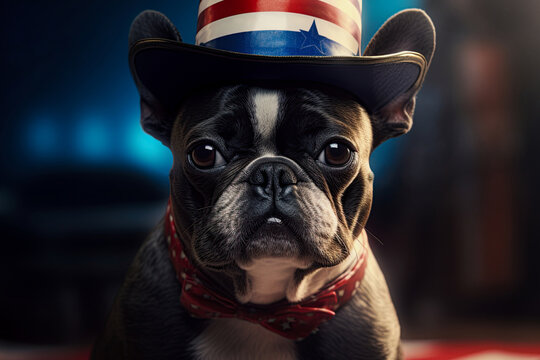 French Bulldog wearing top hat in colors of american flag. Independence day, 4th of July celebration. Generative Ai image