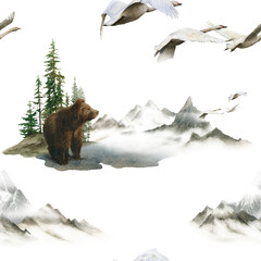 Seamless pattern with a bear, flying geese and foggy mountains landscapes hand drawn in watercolor isolated on a white background. Watercolor wild nature pattern.   © Tatiana
