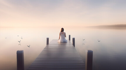  Serenity's Embrace - created with generative AI technology - a woman practices yoga on a lakeside pier, surrounded by shimmering trees, a breathtaking sunrise, and a mirrored reflection of the enchan
