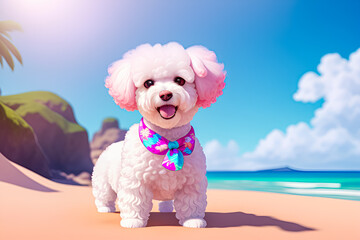 Cute bichon frise dog in summer clothes on the beach. generative ai.