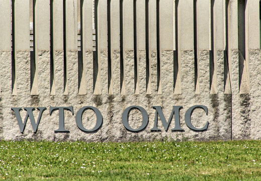 Geneva, Switzerland - may 25, 2023: sign and logo of the Center William Rappard, Home of the World Trade Organization (WTO)