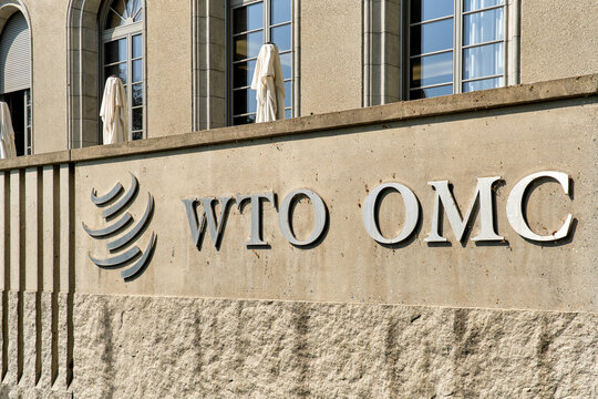 Geneva, Switzerland - may 25, 2023: sign and logo of the Center William Rappard, Home of the World Trade Organization (WTO)