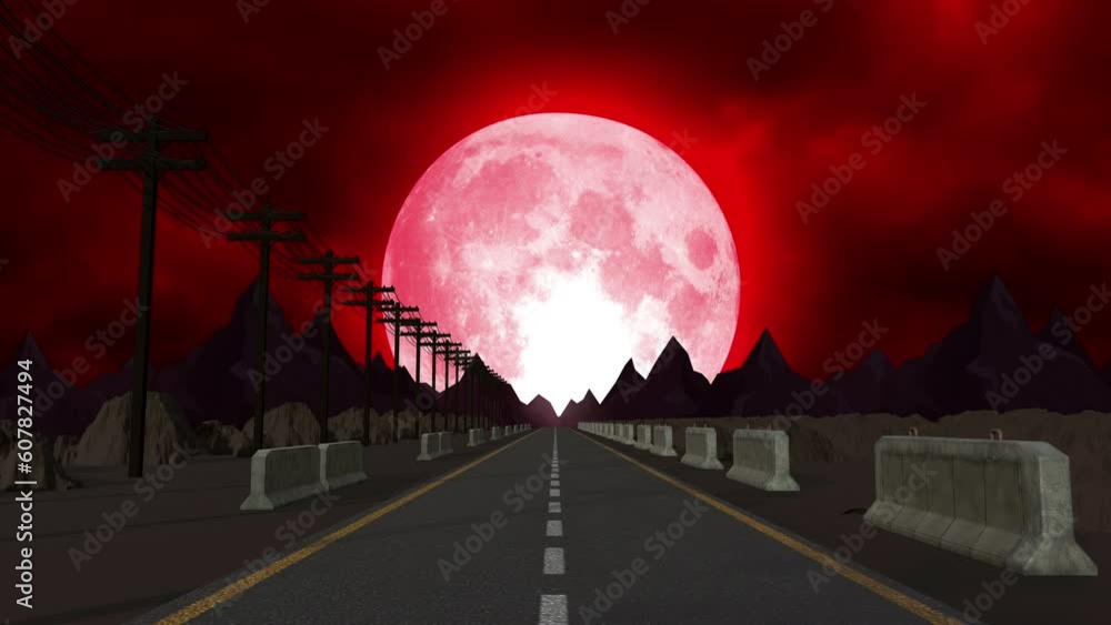 Wall mural red moon road fantasy night background loop