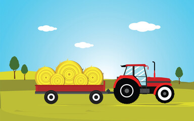 Agriculture and Farming. Agribusiness Tracktor. Rural landscape. Design elements for info graphic, websites and print media. Tractor carrying hay, harvester, the field, harvesting Vector illustration