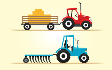 Set of two agricultural Tractor illustrations. Tractor carrying hay, combine harvester in the field, harvesting.  an environmentally friendly agricultural economy for business. Illustration vector