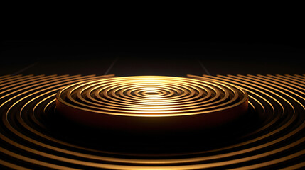 Fototapeta na wymiar Minimal black scene with golden lines. Cylindrical gold and black podium on a black background. 3D stage for displaying a cosmetic product. Generative Ai