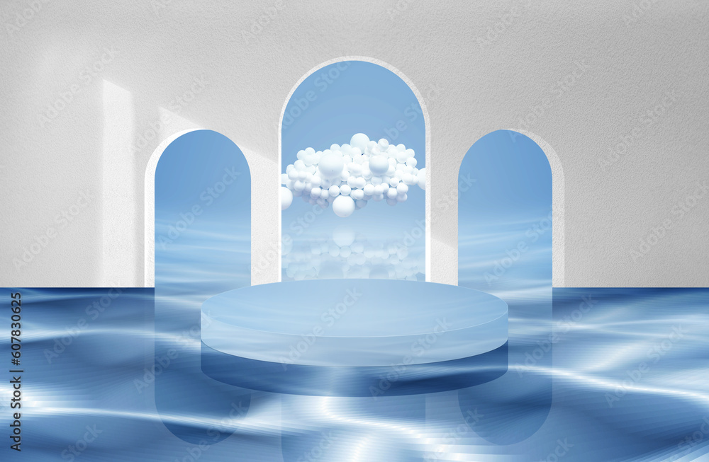 Poster empty circular product scene booths with arched door walls float on the water, rendered in 3d.
