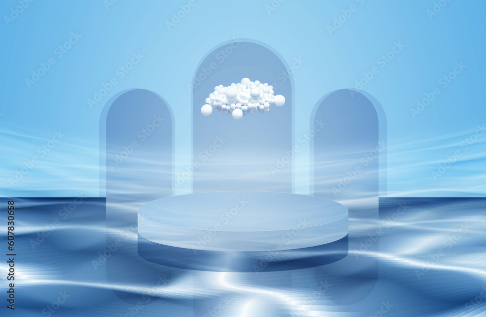 Poster empty circular product scene booths with arched door walls float on the water, rendered in 3d.