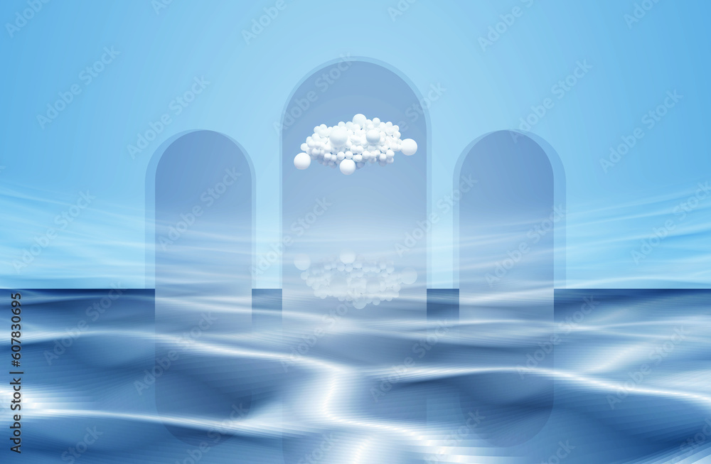 Poster empty circular product scene booths with arched door walls float on the water, rendered in 3d.