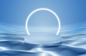 An empty circular product scene booth floats on the water. Product scene, water, 3D rendering.