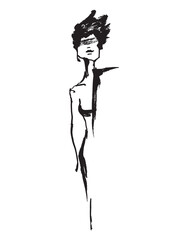 Fashion illustration. Silhouette of a beautiful woman. Line drawing of a girl. Fashion model