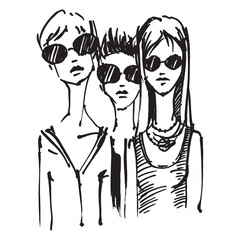 Fashion girls teenagers. Line drawing of girlfriends. Silhouette of fashion models