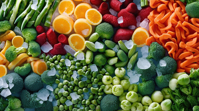 Assortment of frozen vegetables on ice. Stocks of food. Top view. Free space for your text. Generative Ai