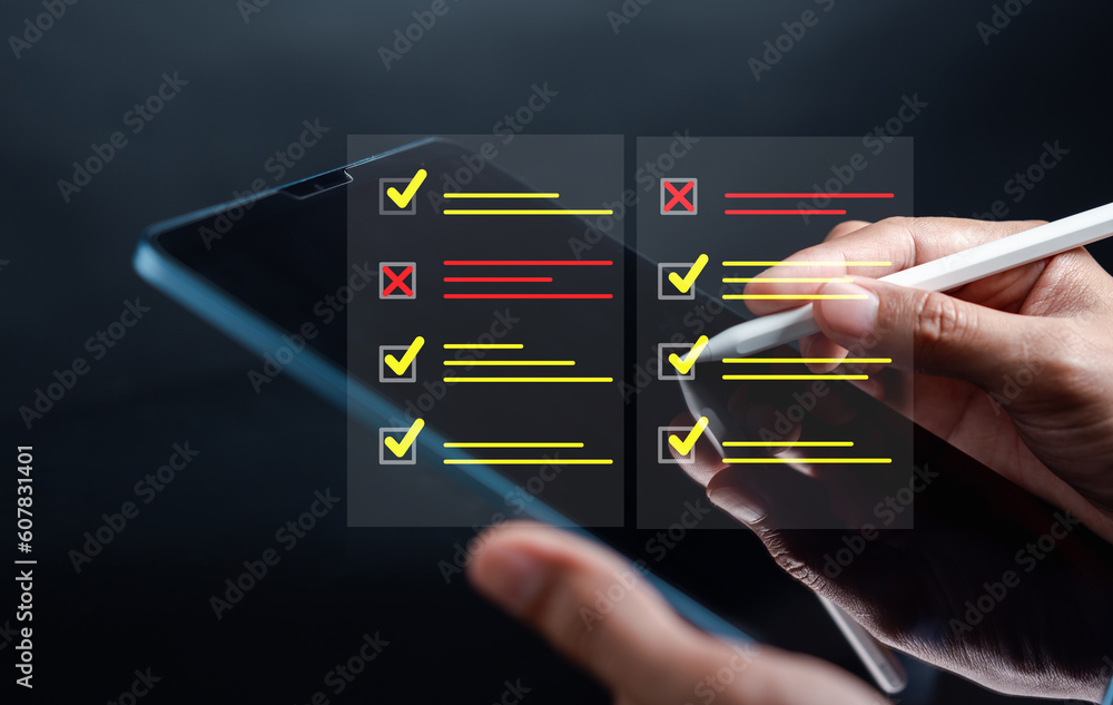 Poster checklist and checkmark approve quality management with quality assurance or qa and quality control 