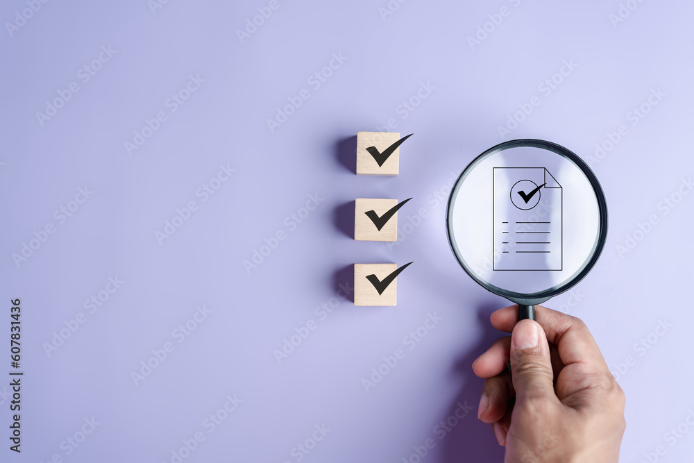 Aufkleber Checklist Quality management with Quality Assurance or QA and Quality Control or QC and improvement. Standardization, certification. Compliance to regulations service and standards.