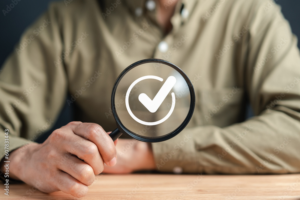Fototapete Checklist Quality management with Quality Assurance or QA and Quality Control or QC and improvement. Standardization, certification. Compliance to regulations service and standards.