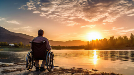 Obraz na płótnie Canvas Disabled handicapped man has a hope. He is sitting on wheelchair and stretching hands at sunset. Generative Ai