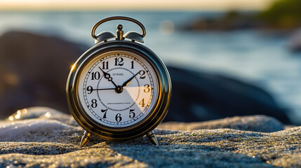 Selective focus of alarm clock on sand  with nature bokeh beach background. Time in life concept. Generative Ai