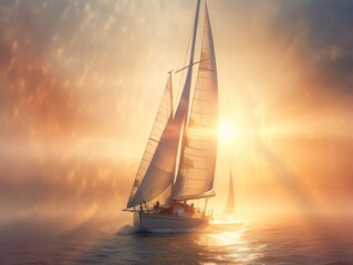Sailboat sailing calm sea during sunrise with fog on the water, generative ai
