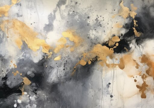Abstract painting in black and silver with gold accents, modern decoration, generative ai