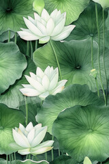 Lotus leaves and flowers Generative AI
