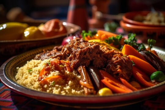 traditional Moroccan couscous dish with slow-cooked vegetables, lamb, and a flavorful sauce