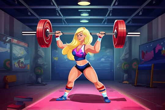 Muscular beautiful female bodybuilder in gym doing barbell squats, Illustration created with Generative AI technology