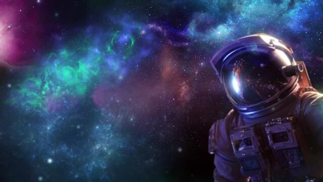 Astronaut with nebula and galaxies in space. Milky way with galaxy stars and space dust in universe. Blue stanfield abstract background. Cosmonaut in deep cosmos at night