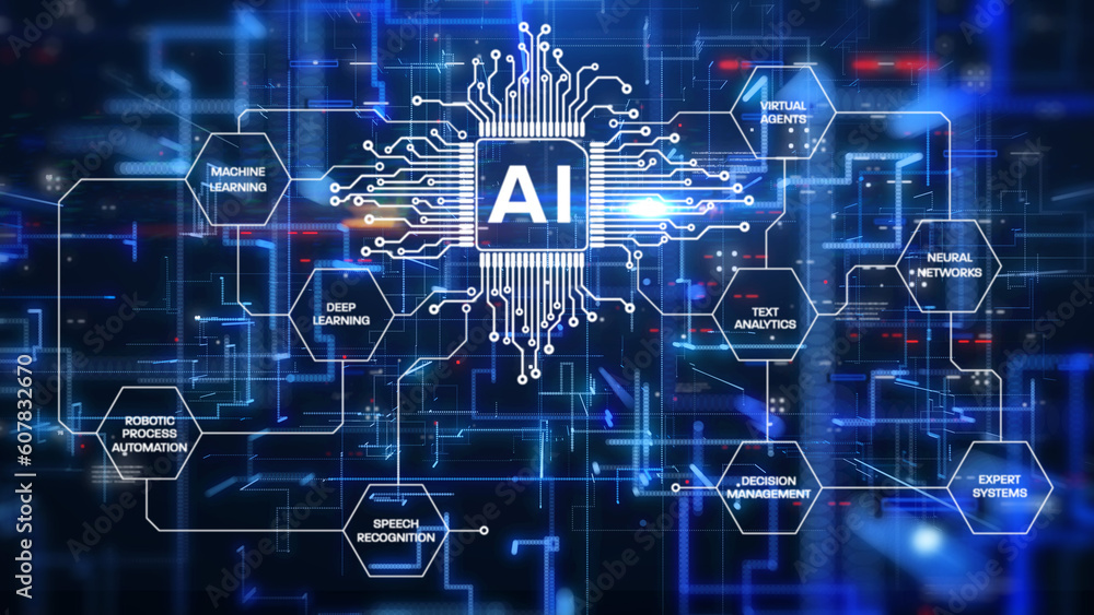 Poster AI artificial intelligence big data science information technology concept. Digital technology design illustration.