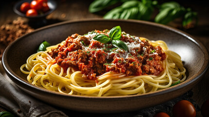 Italian spaghetti bolognese with tomato sauce and meat. Copy space. Generative Ai