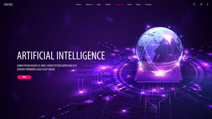 Web banner with artificial Intelligence computer database concept. Central Computer Processors CPU in form of hologram planet