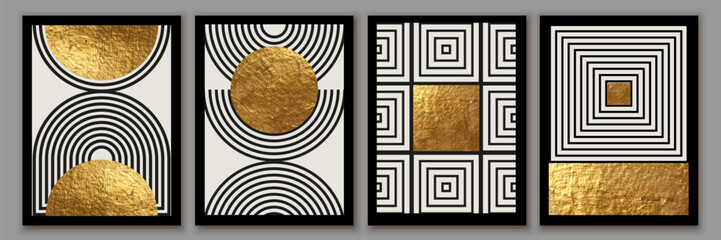 Abstract minimalist wall art composition in beige, grey, white, black colors. Golden geometric shapes, circles, squares design.